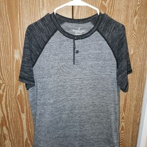 American Eagle Outfitters Gray Henley Polo Shirt- Active Flex, Athletic Fit